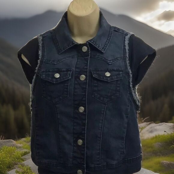Vanity Jeans Medium Jacket Vest Frayed Dark Blue Denim Black Lace Button Up - Picture 1 of 12